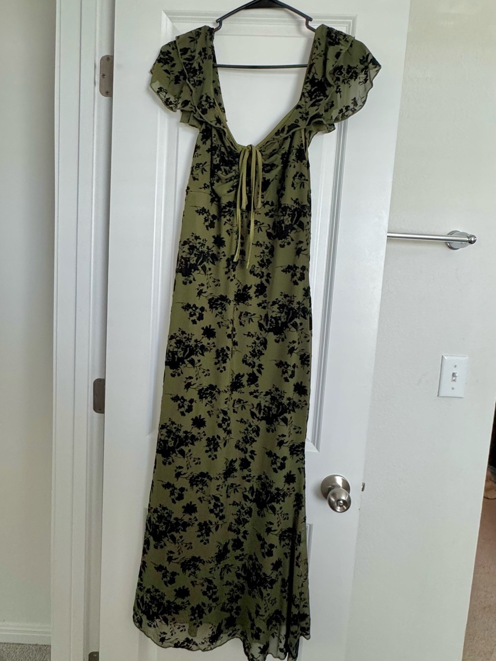Cider Olive Green Maxi Dress with Black Floral Velvet Print